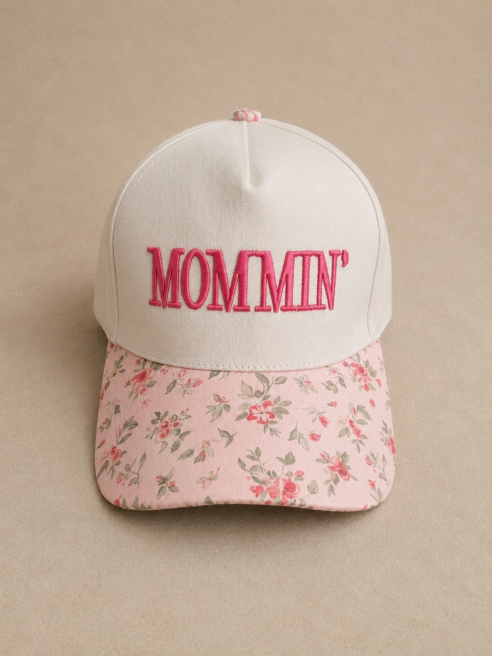 MOMMIN’ Embroidered Floral Baseball Cap Adjustable Pink Cream Hat Zenana
